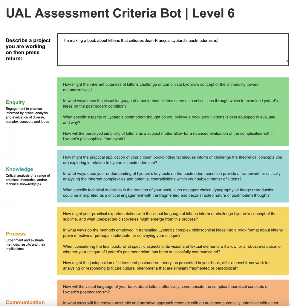 Screenshot of the landing page of the Criteria Bot - showing 3 of UAL's Assessment Criteria (Enquiry, Knowledge, Process)