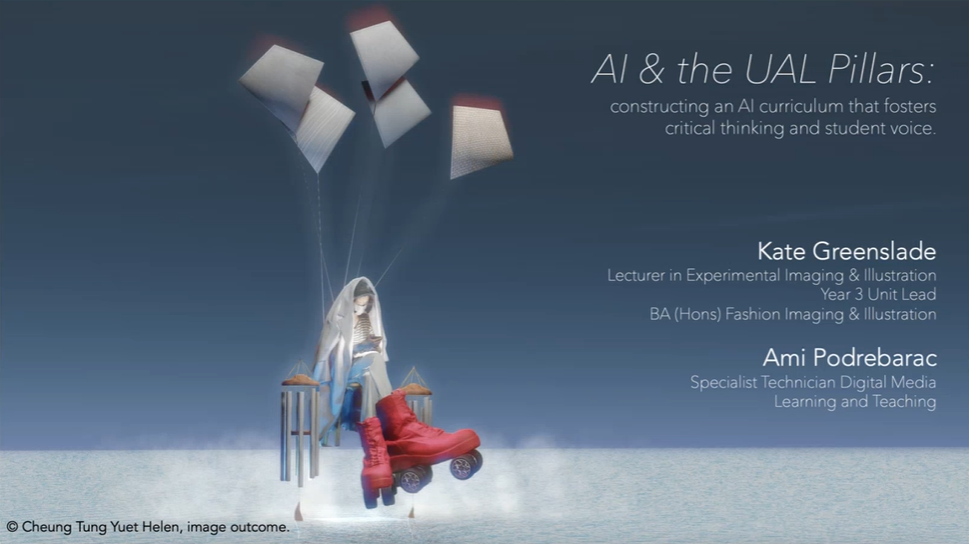 Introductory slide to talk presentation about the case study - AI & the UAL Pillars