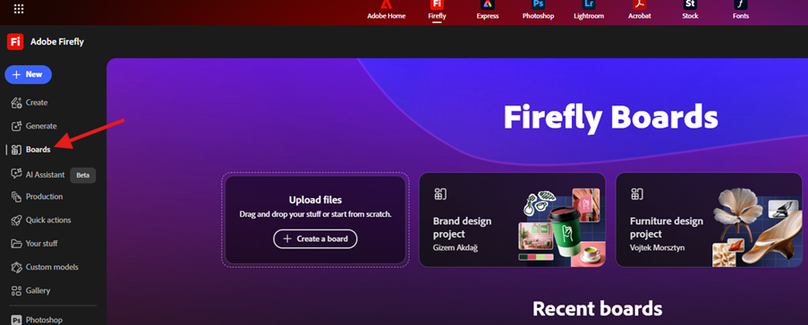 Screenshot of Adobe Firefly showing a red arrow pointing to the location of the 'Boards' button on the left side of the screen