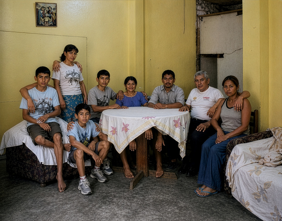 Eight people of various ages are gathered around a small table covered with a white floral tablecloth in a modest room with yellow walls. Some are seated on beds along the sides of the room while others stand or sit around the table. A framed religious picture hangs on the wall above them, and an unfinished doorway is visible in the background. The group faces the camera in a posed family-style portrait, with simple furnishings and natural indoor lighting.